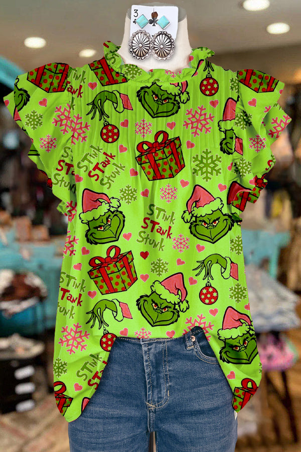 Elegant Ruffled Grinch Contrast Print Top