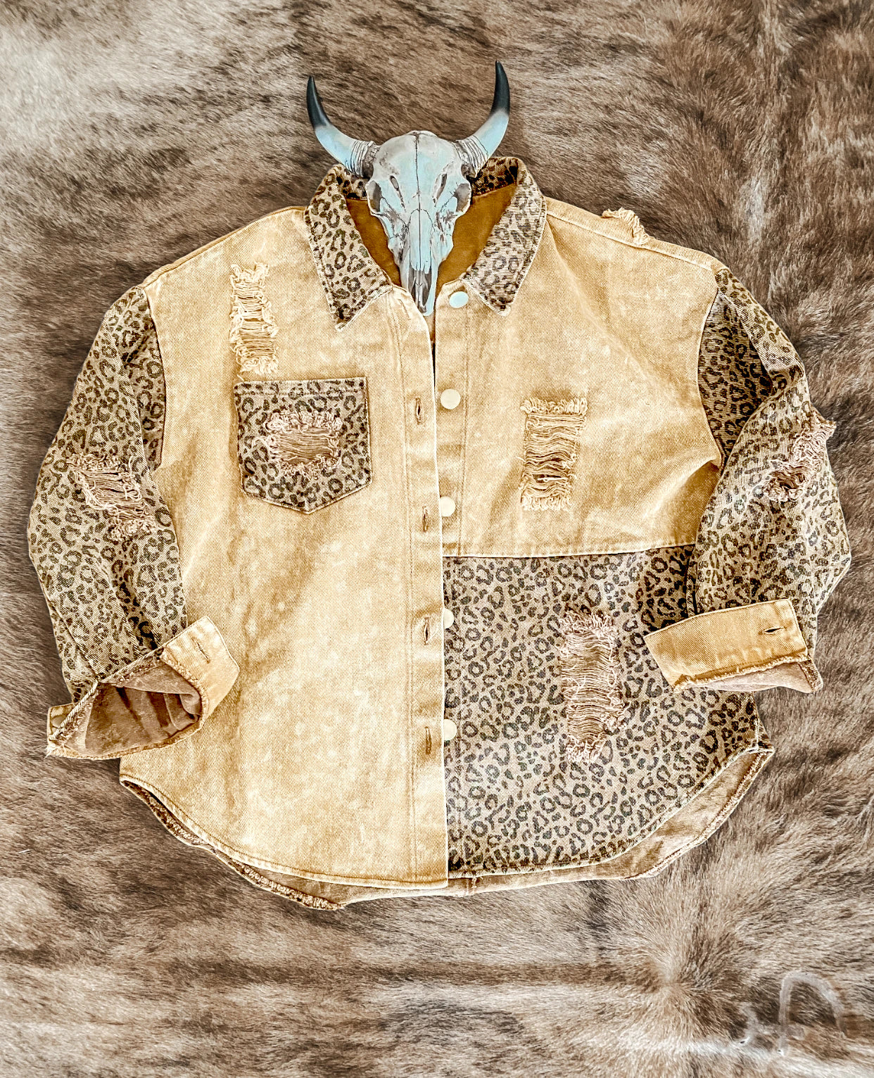 Leopard Print Panelled Ripped Denim Jacket