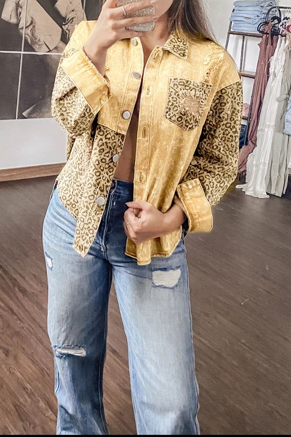 Leopard Print Panelled Ripped Denim Jacket