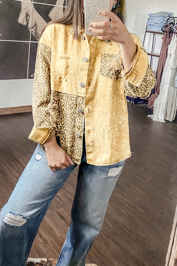 Leopard Print Panelled Ripped Denim Jacket