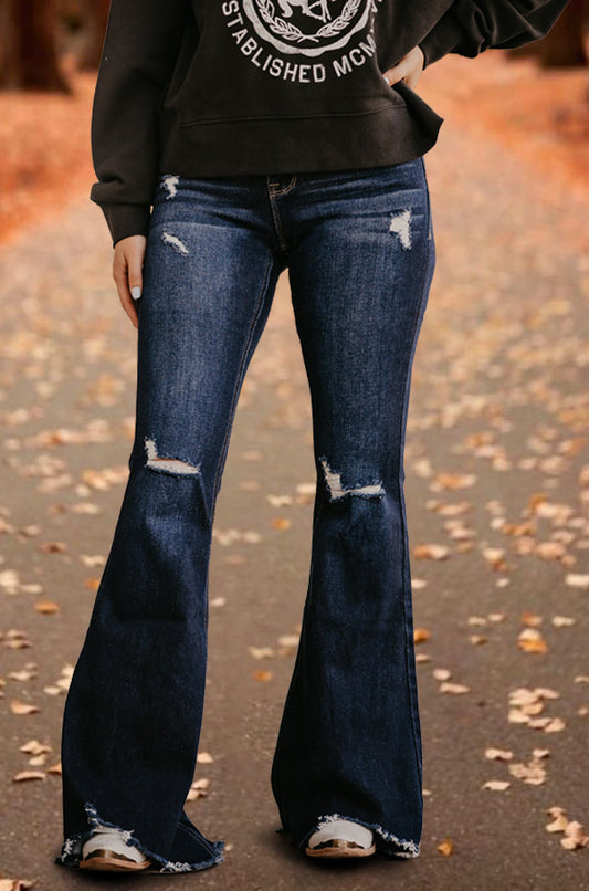Dark Blue Distressed Flared Jeans