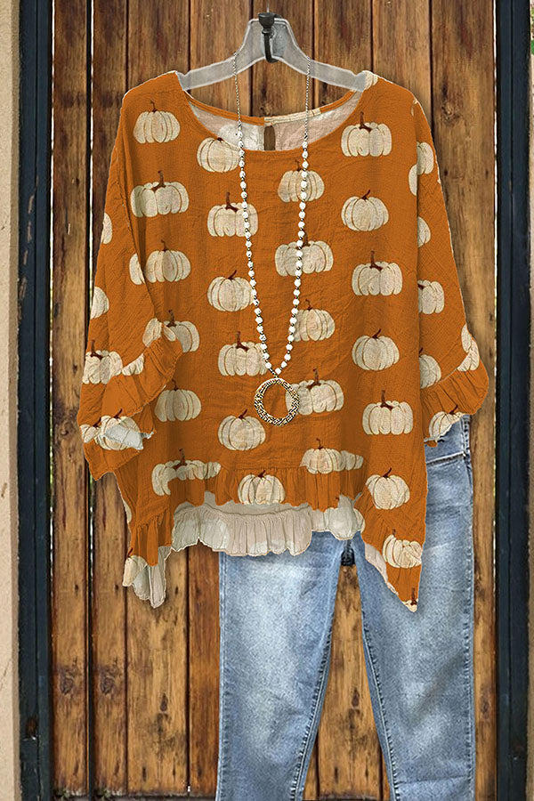 Loose Pumpkin Print Ruffled Pleated Top