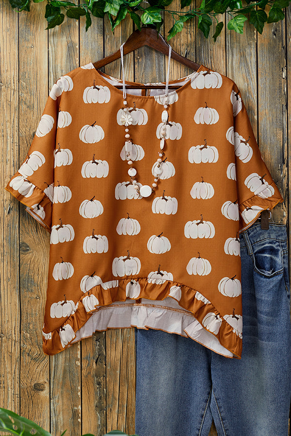 Loose Pumpkin Print Ruffled Pleated Top