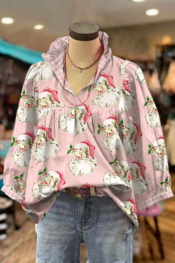 Santa Claus Paneled Plaid Printed Puff Sleeve Top