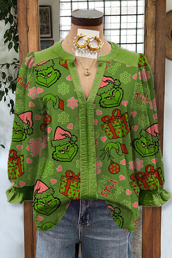 V-neck Grinch Christmas Print Puff Sleeve Top