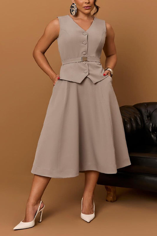 Chic V-Neck Single Breasted Vest & Skirt Set