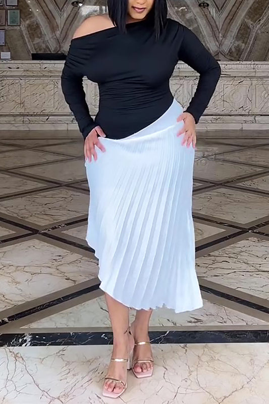 Retro Oblique Shoulder Two Tone Pleated Dress