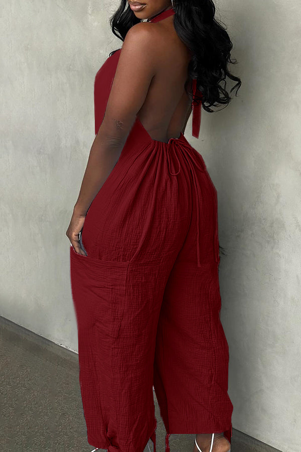 Halter Backless Solid Color Loose Jumpsuit