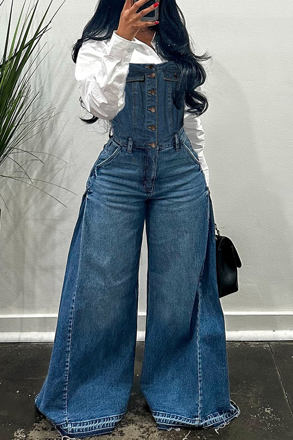 Casual Single Breasted Wide Leg Denim Jumpsuit