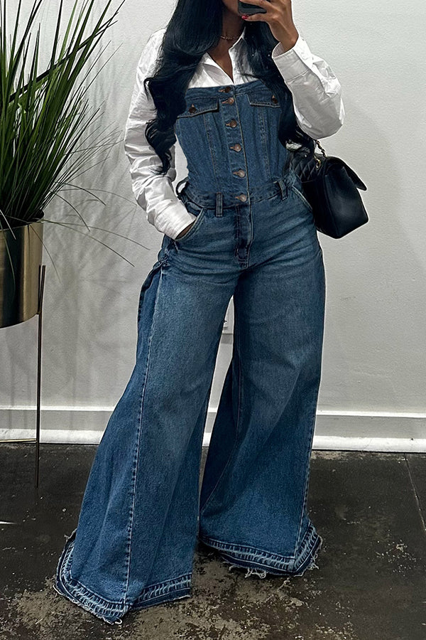 Casual Single Breasted Wide Leg Denim Jumpsuit