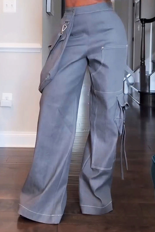 Fashion High-waisted Pocket Decorated Pants