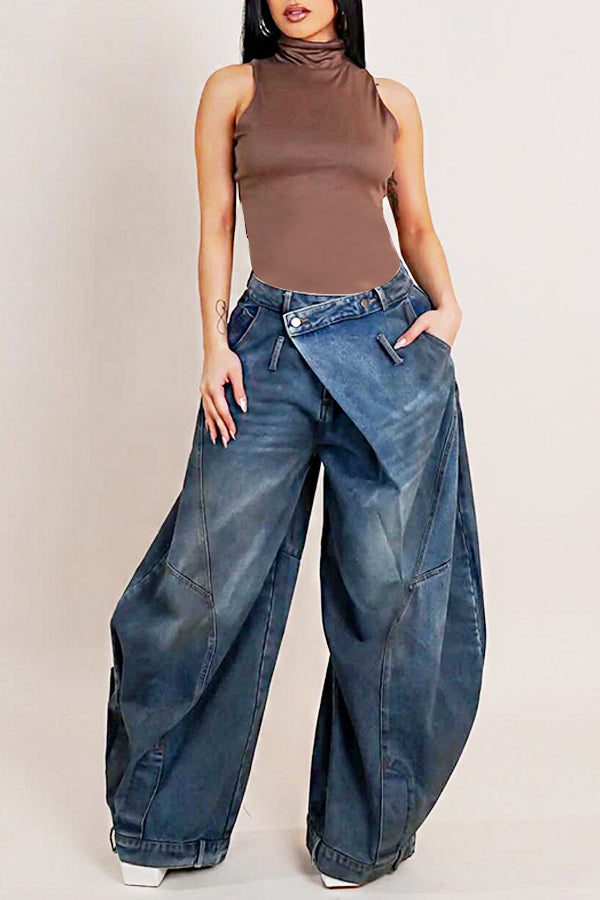 Stylish Cross Button Fastening High Waist Jeans