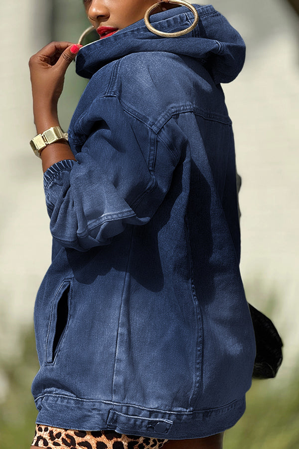 Versatile Pocket Design Light Washed Denim Hoodie