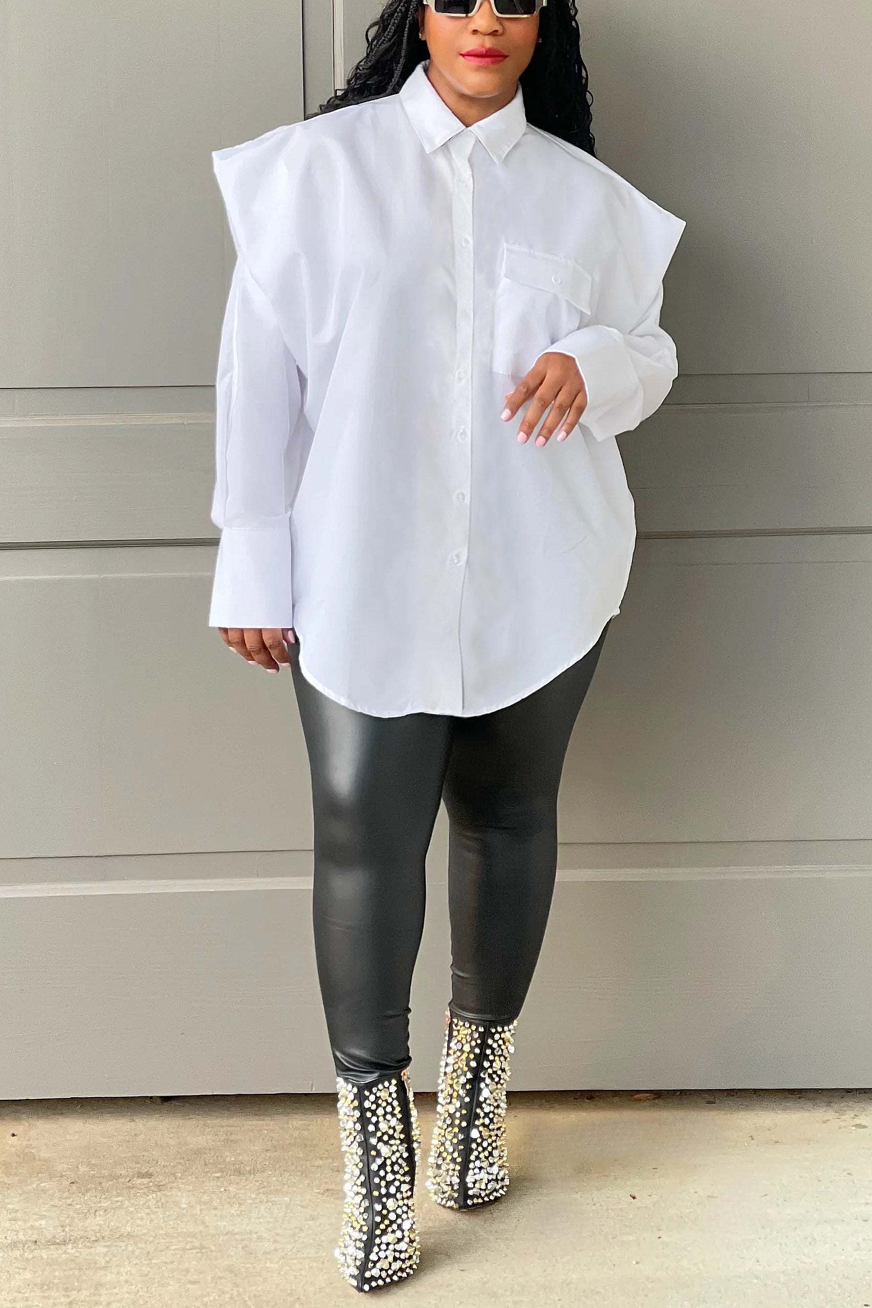 Fashion Exaggerated Shoulder Design Loose Long Sleeved Shirt