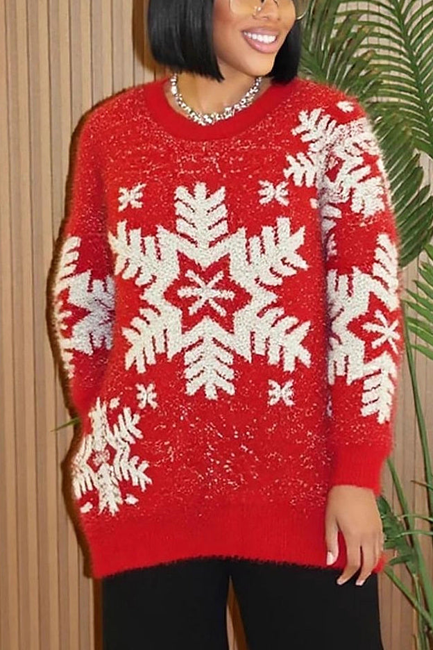 Christmas Red Loose Snowflake Pattern Sweater*
