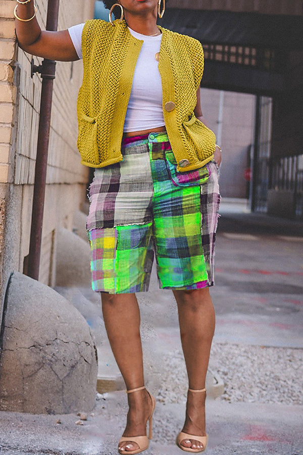 Designer Plaid Color Blocked Straight Leg Shorts