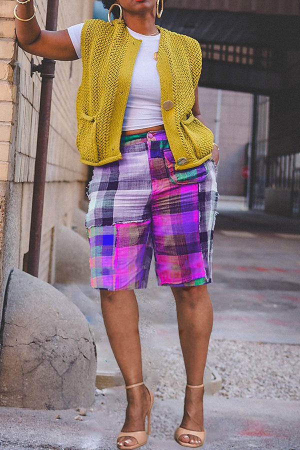 Designer Plaid Color Blocked Straight Leg Shorts