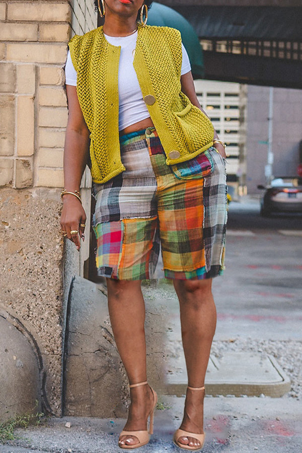 Designer Plaid Color Blocked Straight Leg Shorts