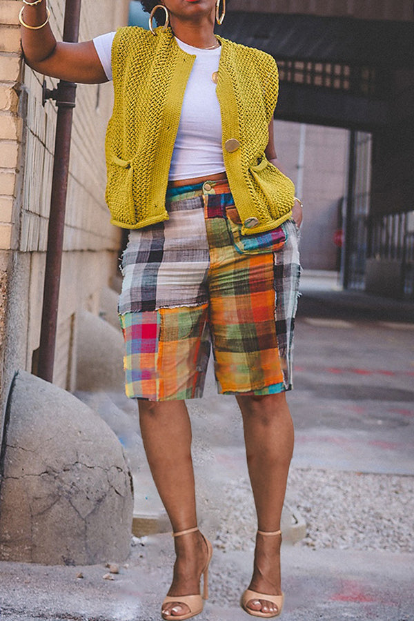 Designer Plaid Color Blocked Straight Leg Shorts