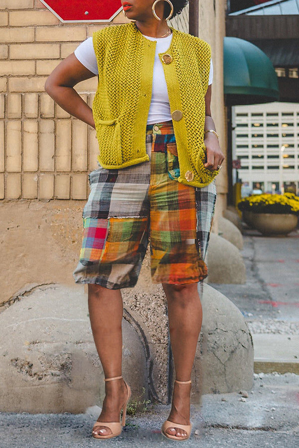 Designer Plaid Color Blocked Straight Leg Shorts