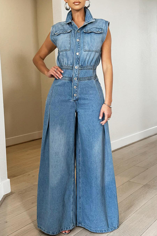 Casual Simple Straight Wide Leg Denim Jumpsuit