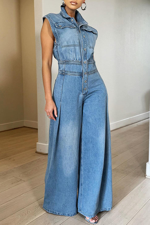 Casual Simple Straight Wide Leg Denim Jumpsuit