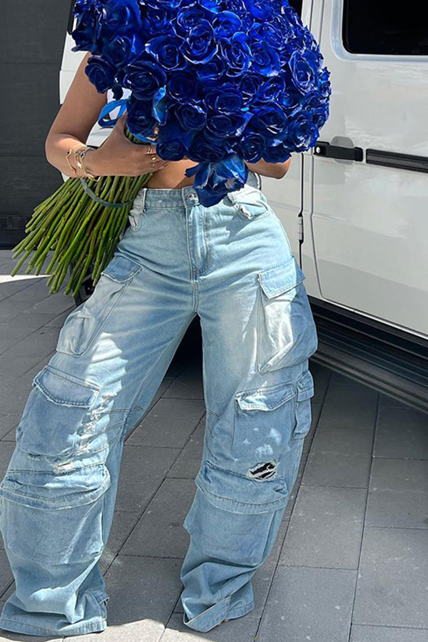 Trendy Light Blue Multi-Pocket Cargo Jeans