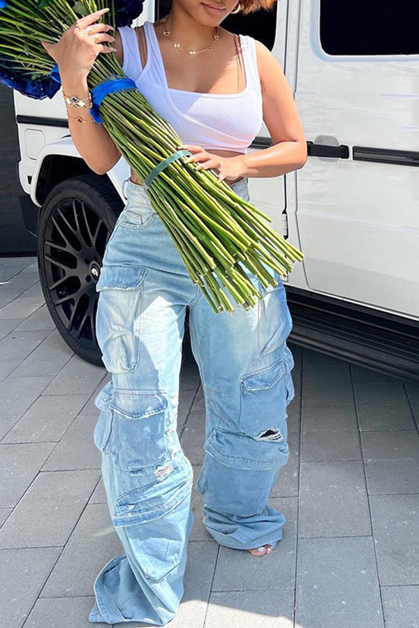 Trendy Light Blue Multi-Pocket Cargo Jeans