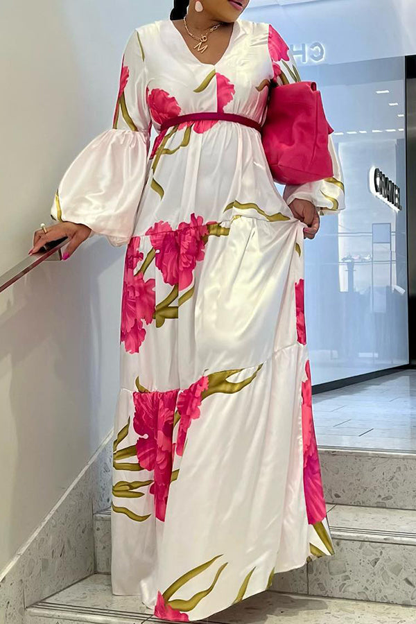 Elegant Floral Print Trumpet Sleeve Maxi Dress