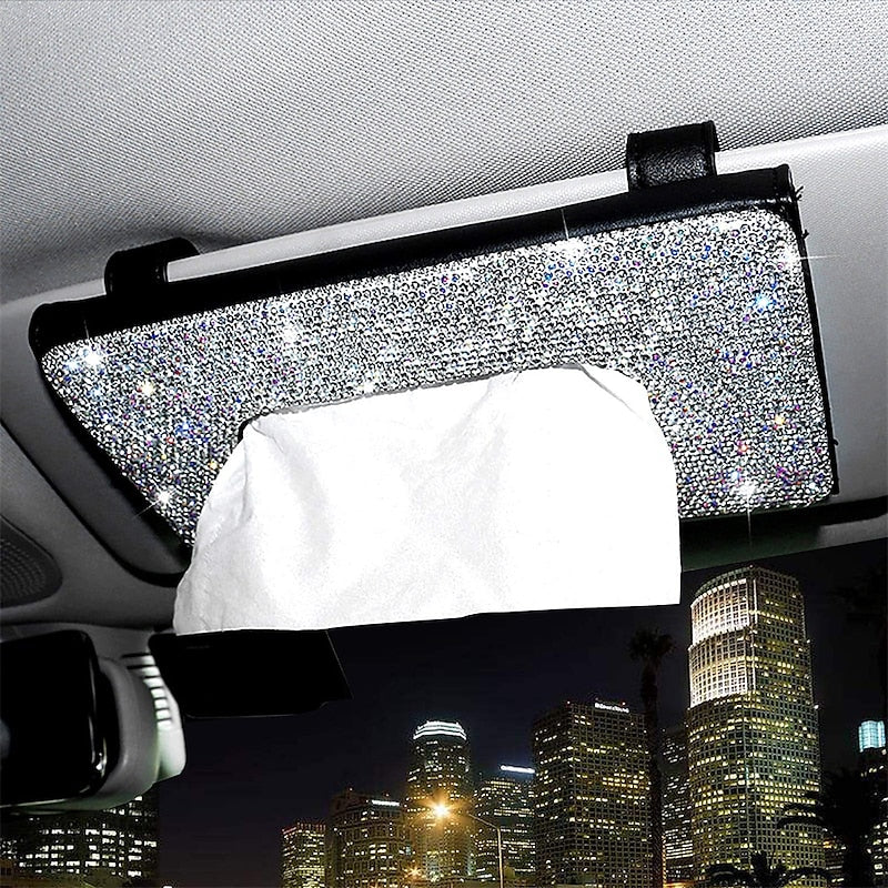 Bling Bling Car Sun Visor Tissue Box Holder Crystal Sparkling Napkin Holder PU Leather Backseat Tissue Case Car Accessories for Women 1PCS 2024 - RON