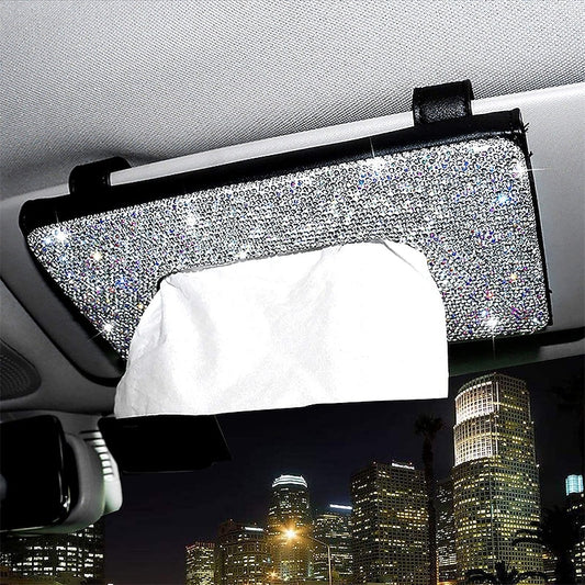 Bling Bling Car Sun Visor Tissue Box Holder Crystal Sparkling Napkin Holder PU Leather Backseat Tissue Case Car Accessories for Women 1PCS 2024 - RON