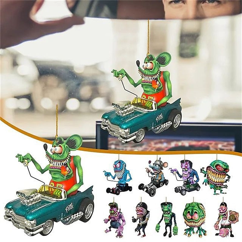 2PCS Cartoon Big Mouth Monster Car Pendant Acrylic Flat Doll Model Home Decor Rat Fink Crazy Mouse Driving Statue Halloween Car Accessories 2024 - $7.
