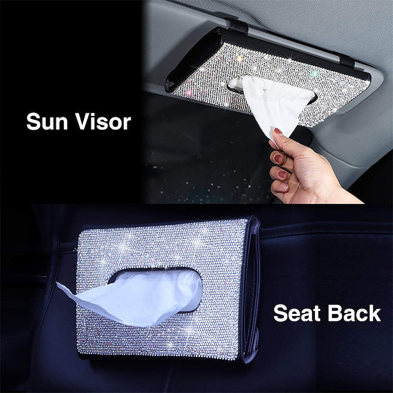 Bling Bling Car Sun Visor Tissue Box Holder Crystal Sparkling Napkin Holder PU Leather Backseat Tissue Case Car Accessories for Women 1PCS 2024 - RON