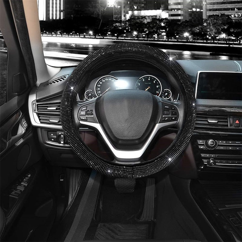 Steering Wheel Cover for Women Men Bling Bling Crystal Diamond Sparkling Car SUV Wheel Protector Universal Fit 15 Inch (Black with Blue DiamondStandar