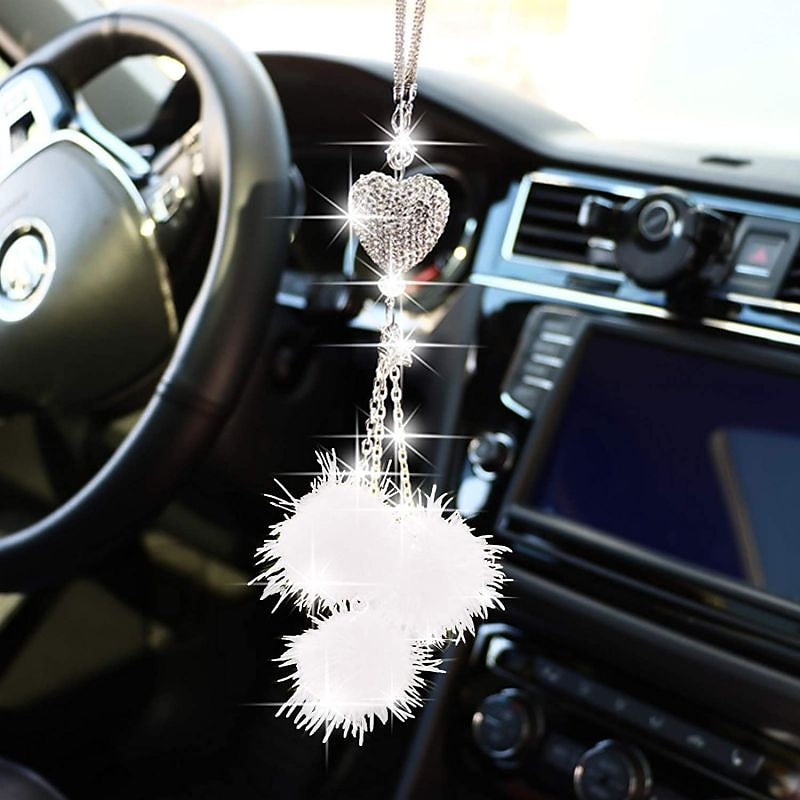 Bling Car Mirror Accessories for Women Men Bling Love Heart and Pink Plush ball Bling Rinestones Diamond Car Accessories Crystal Car Rear View Mirror