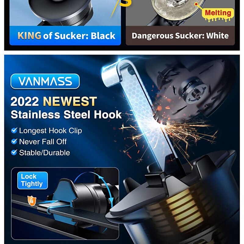 StarFire Car Phone Holder Mount Sturdiest Hook Clip Strongest Suction Cup Handsfree Cell Phone Holder Car Dash Windshield Air Vent Stand for iPhone 14