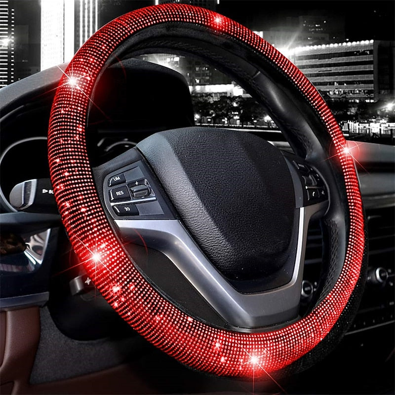 Steering Wheel Cover for Women Men Bling Bling Crystal Diamond Sparkling Car SUV Wheel Protector Universal Fit 15 Inch (Black with Blue DiamondStandar