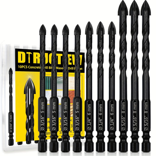 10PCS Masonry Drill Bits Set, 3/ 16"-5/ 16"Drill Bit Set For Concrete And Tile With Drill Bit Tungsten Carbide Tip, Concrete Drill Bit Set For Tile Glass Thin Metal Brick Concrete Plastic Wood