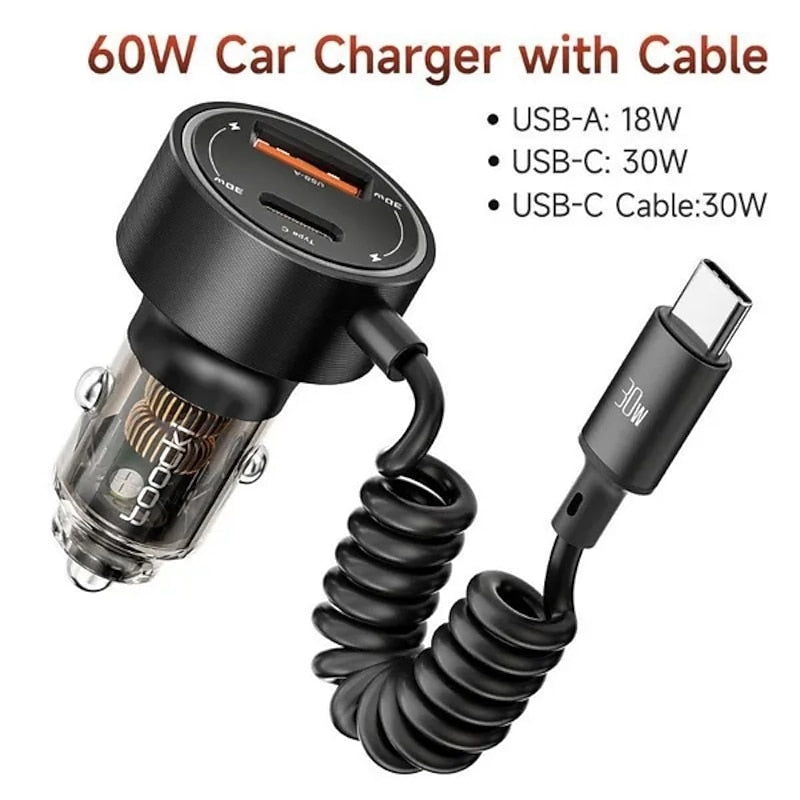60W Dual Port Belt Type-C Line Transparent Car Charger Comes with 1m Type-C Data Wire PD3.0 QC3.0 Fast Charging For IPhone Samsung Huawei Xiaomi Mobil