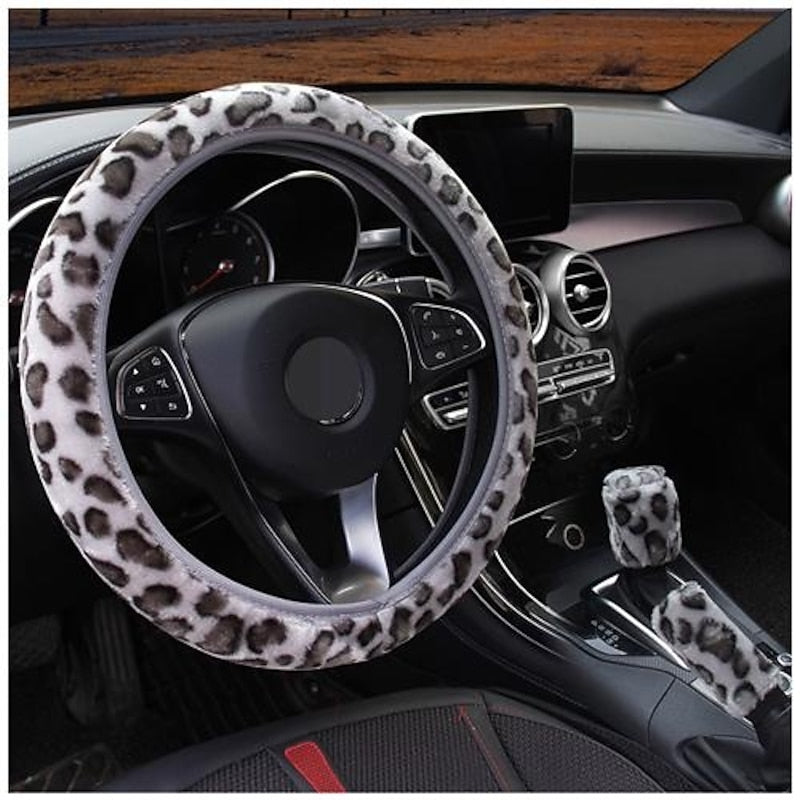 3 Pcs General Leopard Print Artificial Fur Winter Plush Car Steering Wheel Cover Handbrake Gear Cover 2024 - $10.99
