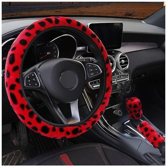 3 Pcs General Leopard Print Artificial Fur Winter Plush Car Steering Wheel Cover Handbrake Gear Cover 2024 - $10.99