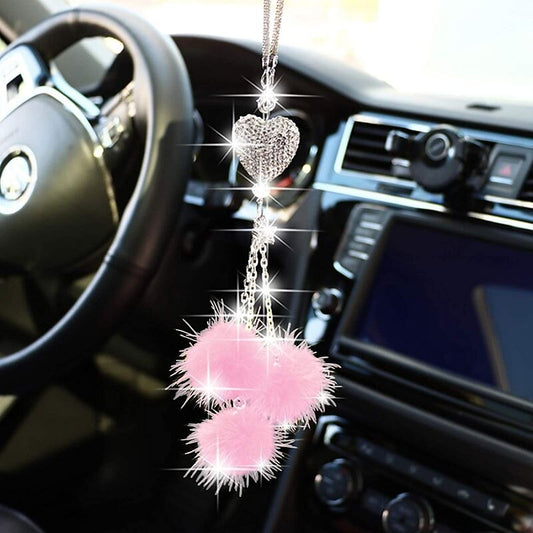 Bling Car Mirror Accessories for Women Men Bling Love Heart and Pink Plush ball Bling Rinestones Diamond Car Accessories Crystal Car Rear View Mirror