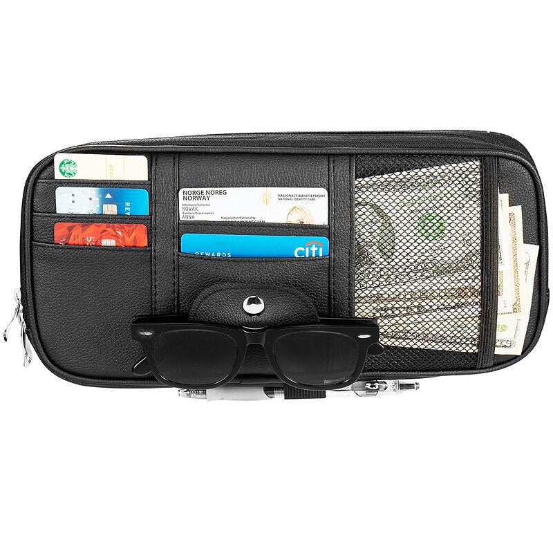 Car Sun Visor Organizer. Auto Interior Accessories Pocket Organizer Car Truck SUV Storage Pouch Glasses Bill Pen Card Holder with Multi-Pocket Net Zip
