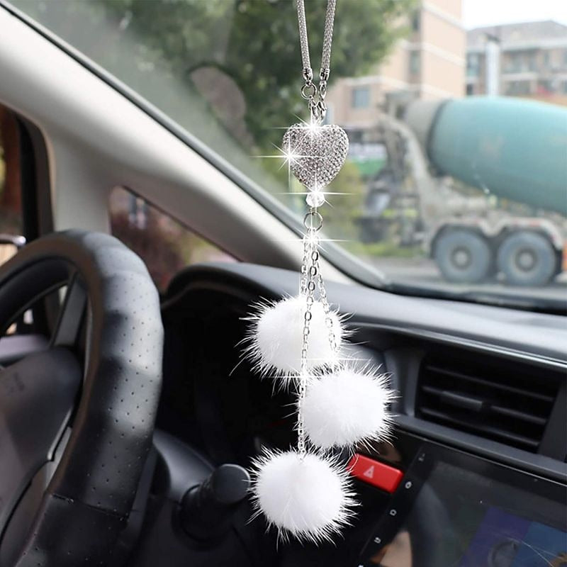 Bling Car Mirror Accessories for Women Men Bling Love Heart and Pink Plush ball Bling Rinestones Diamond Car Accessories Crystal Car Rear View Mirror