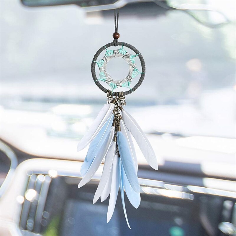 Alynsehom Dream Catcher Car Interior Rearview Mirror Hanging Decor Handmade Grids Nature Feather Small Boho Car Charms Pendant Accessories 2024 - $8.9