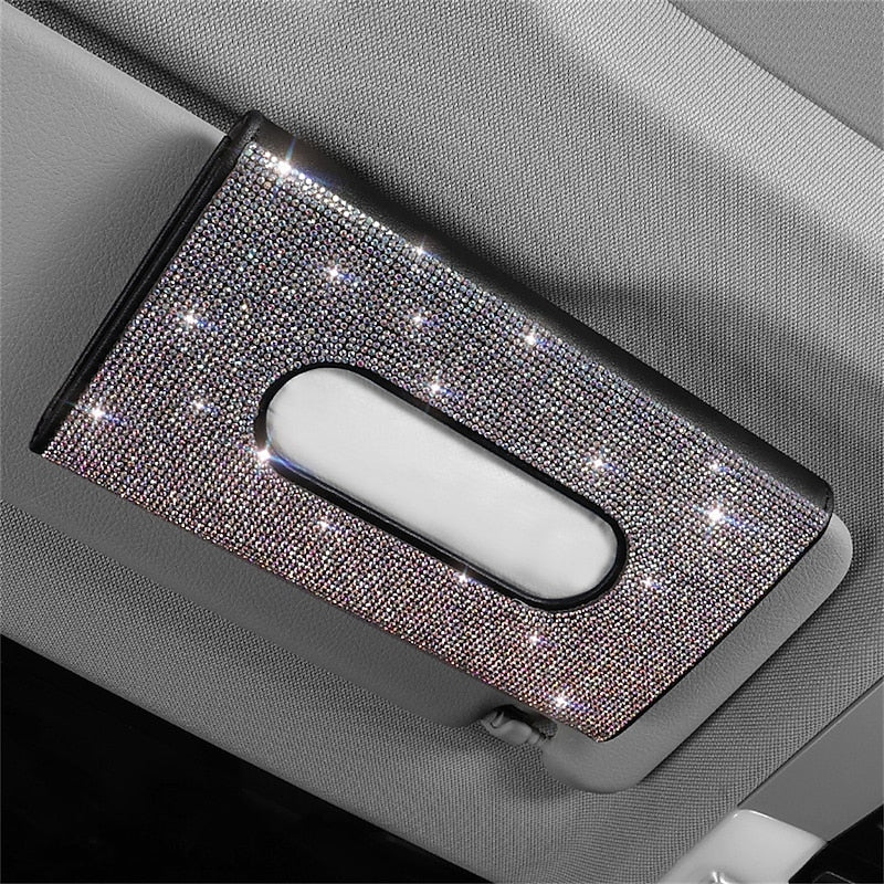 Bling Bling Car Sun Visor Tissue Box Holder Crystal Sparkling Napkin Holder PU Leather Backseat Tissue Case Car Accessories for Women 1PCS 2024 - RON