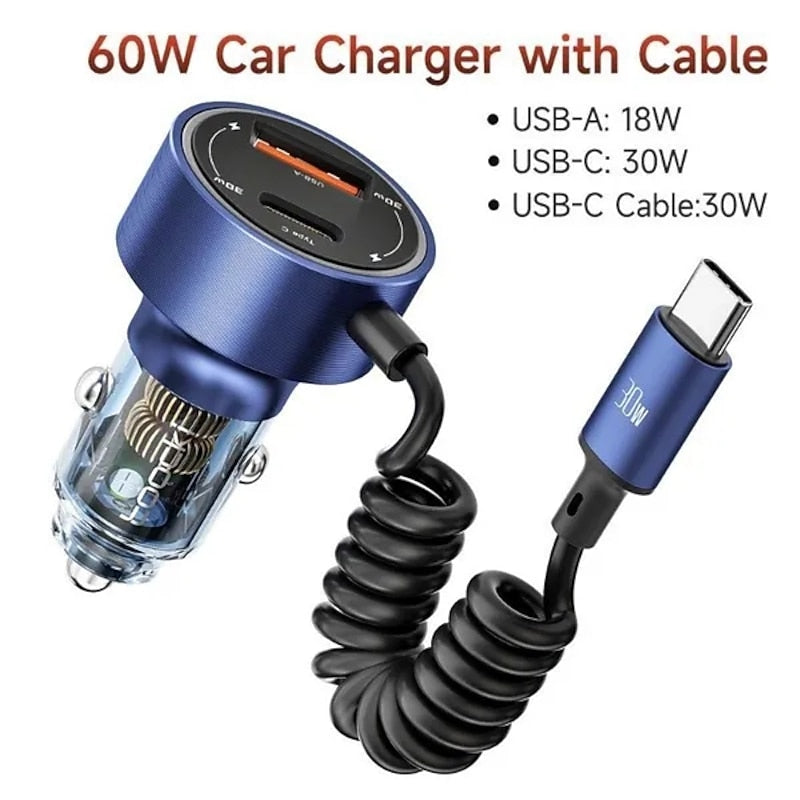 60W Dual Port Belt Type-C Line Transparent Car Charger Comes with 1m Type-C Data Wire PD3.0 QC3.0 Fast Charging For IPhone Samsung Huawei Xiaomi Mobil