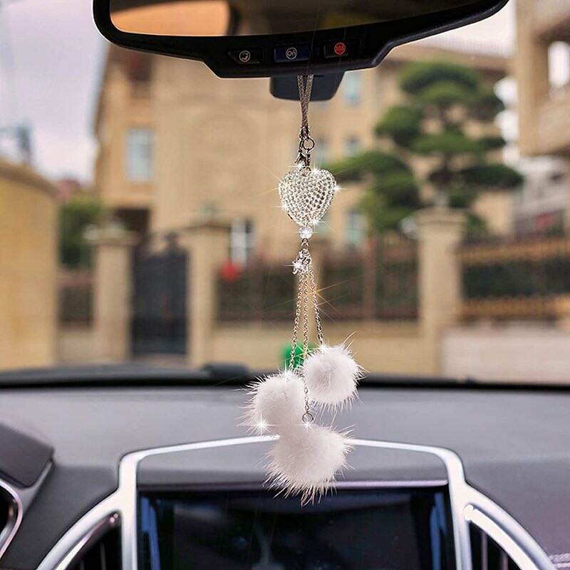 Bling Car Mirror Accessories for Women Men Bling Love Heart and Pink Plush ball Bling Rinestones Diamond Car Accessories Crystal Car Rear View Mirror