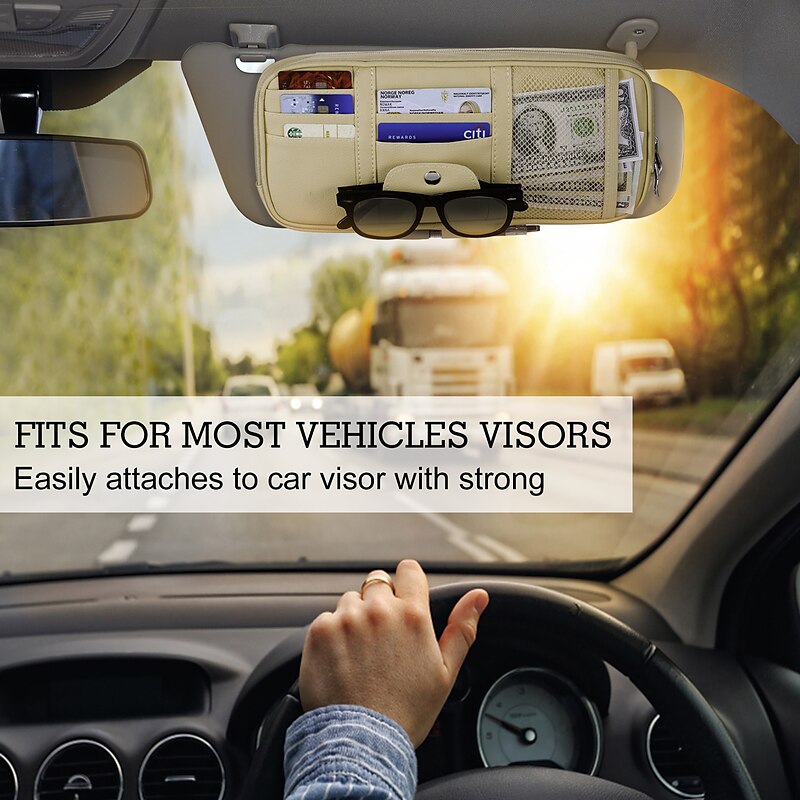 Car Sun Visor Organizer. Auto Interior Accessories Pocket Organizer Car Truck SUV Storage Pouch Glasses Bill Pen Card Holder with Multi-Pocket Net Zip