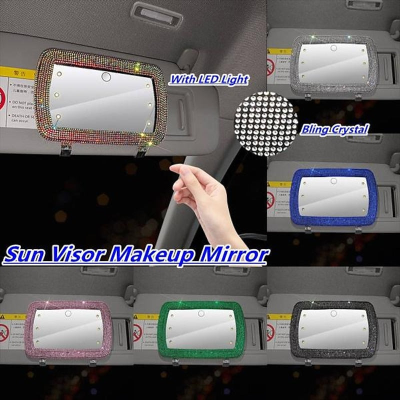 Bling Rhinestone Car Sun Visor Mirror.Portable Automobile Makeup Mirror.Vanity Mirror for Clip.Sun-Shading Cosmetic Mirror with Touch Button and 6 Led